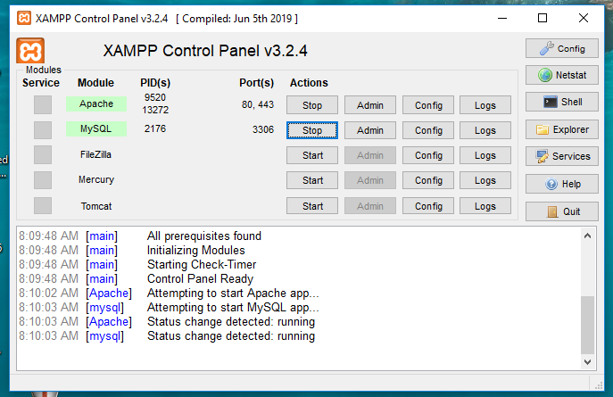 راه اندازی xampp برای apache و mysql