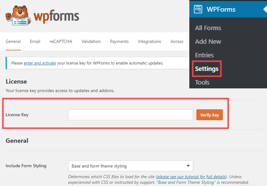 صفحه تنظیمات WPForms