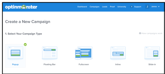 انتخاب نوع کمپین با OptinMonster 