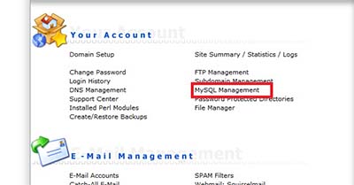 انتخاب گزینه Mysql Management برای ایجاد پایگاه داده برای نصب پرستاشاپ