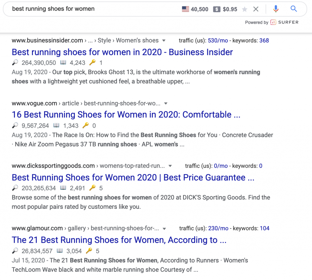 نمونه سرچ گوگل برای "بهترین کفش دویدن"