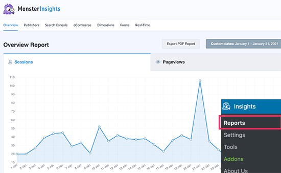 مشاهده داده های مهم ترافیک وب سایت در MonsterInsights