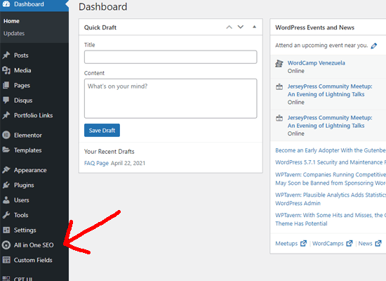 مشاهده افزونه All in One SEO در منوی وردپرس