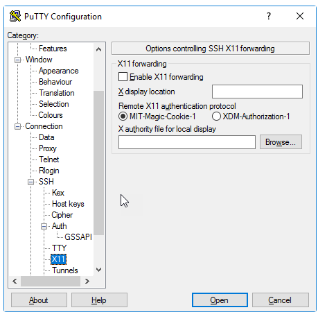 گزینه های ارسال X11 در نرم افزار PuTTY