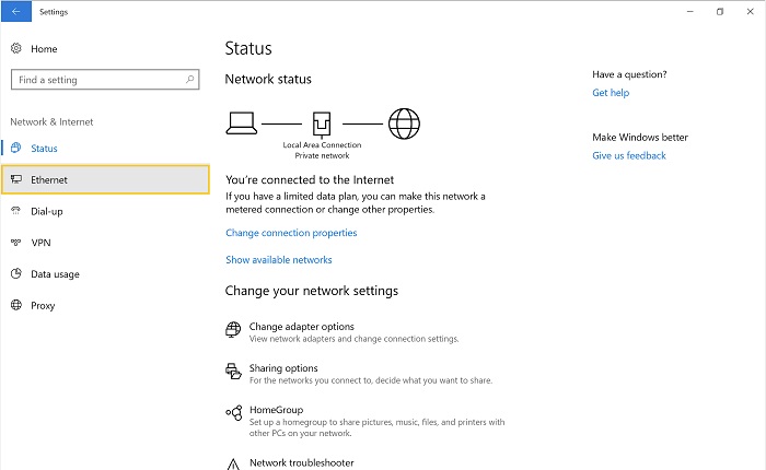 کلیک بر روی گزینه Ethernet