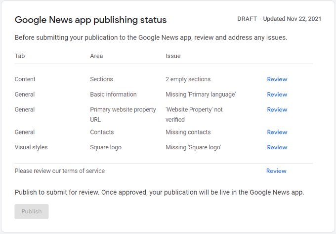 تأیید سایت در Google News - بخش وضعیت انتشار برنامه Google News