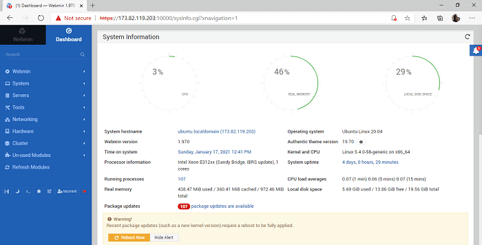 داشبورد مدیریت webmin