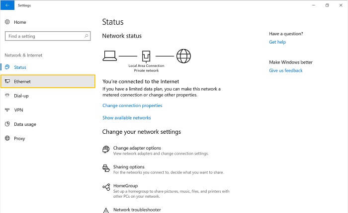 کلیک بر روی گزینه Ethernet