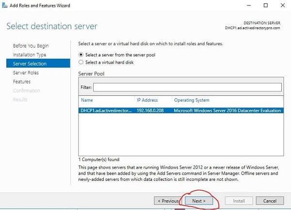 انتخاب سرور مورد نظر برای نصب سرویس DHCP