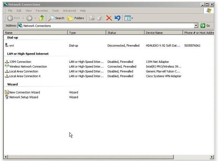 مشاهده صفحه Network Connections در ویندوز xp