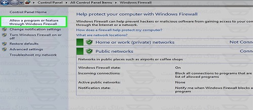  انتخاب گزینه Allow an app or feature through Windows Firewall