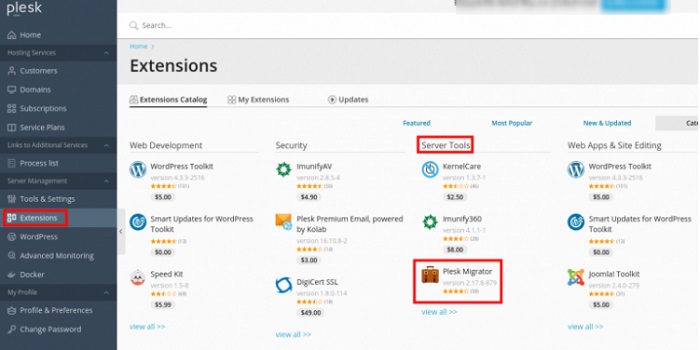 نصب افزونه Plesk migrator