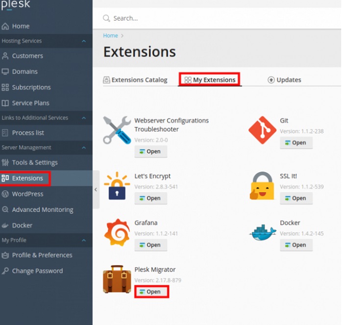 باز کردن افزونه Plesk migrator