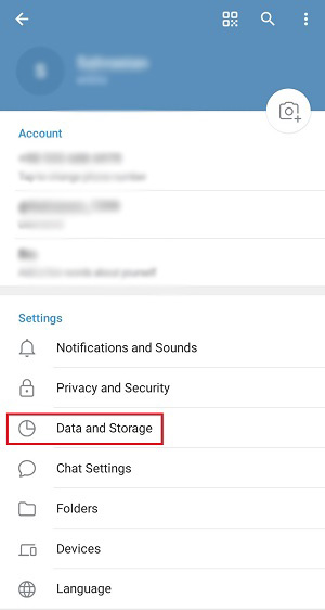 انتخاب گزینه Data and storage